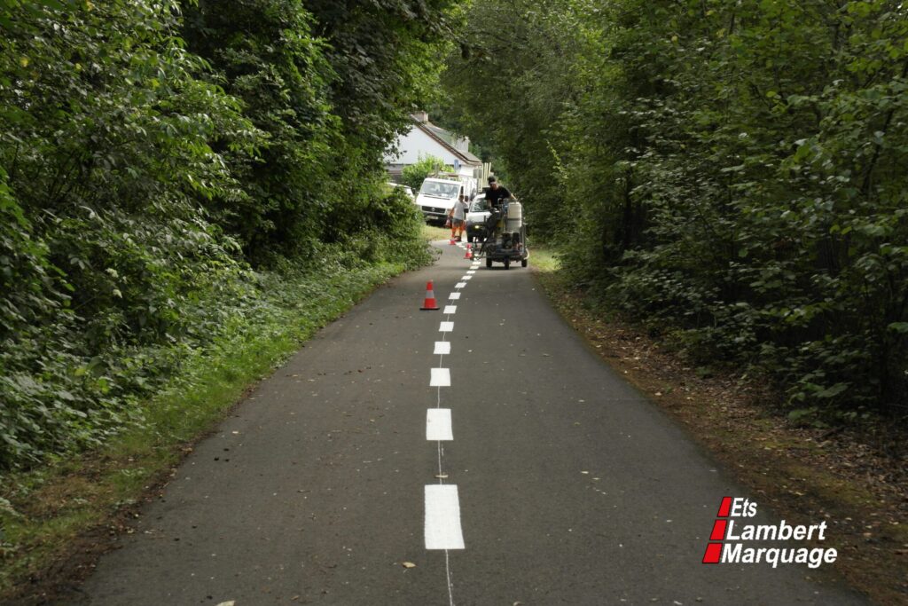 Marquage au sol avec ligne blanche discontinue sur voie cyclable en milieu boisé par Lambert Marquage