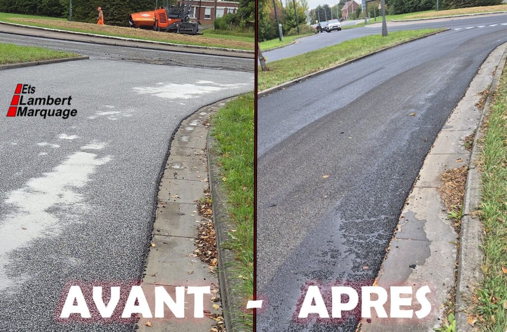 Avant après d’un effacement de marquage au sol sur voirie par Lambert Marquage